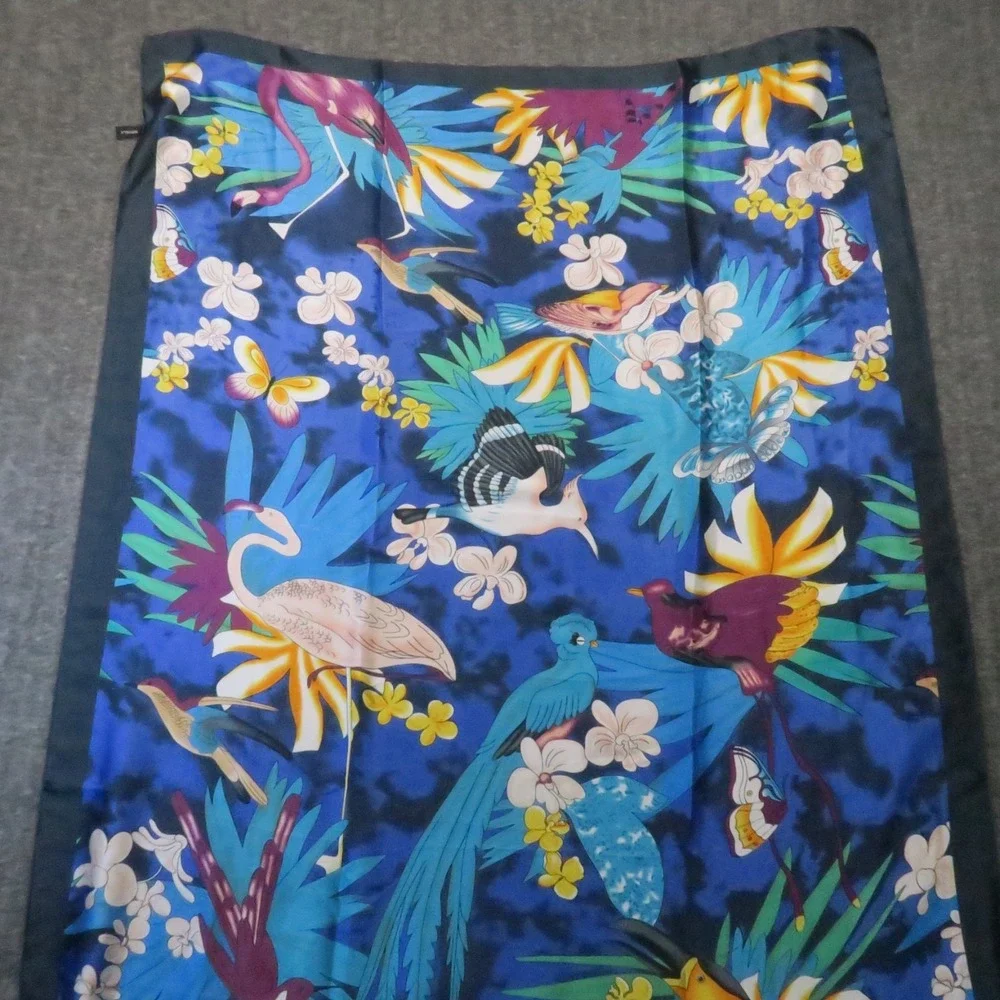 Vintage‎ Silk Scarf Birds Floral Blue Flamingo Butterflies Tropical Boho Island